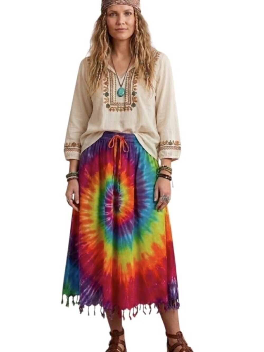 Tie-Dye Spiral Maxi Skirt in Rainbow Colors
